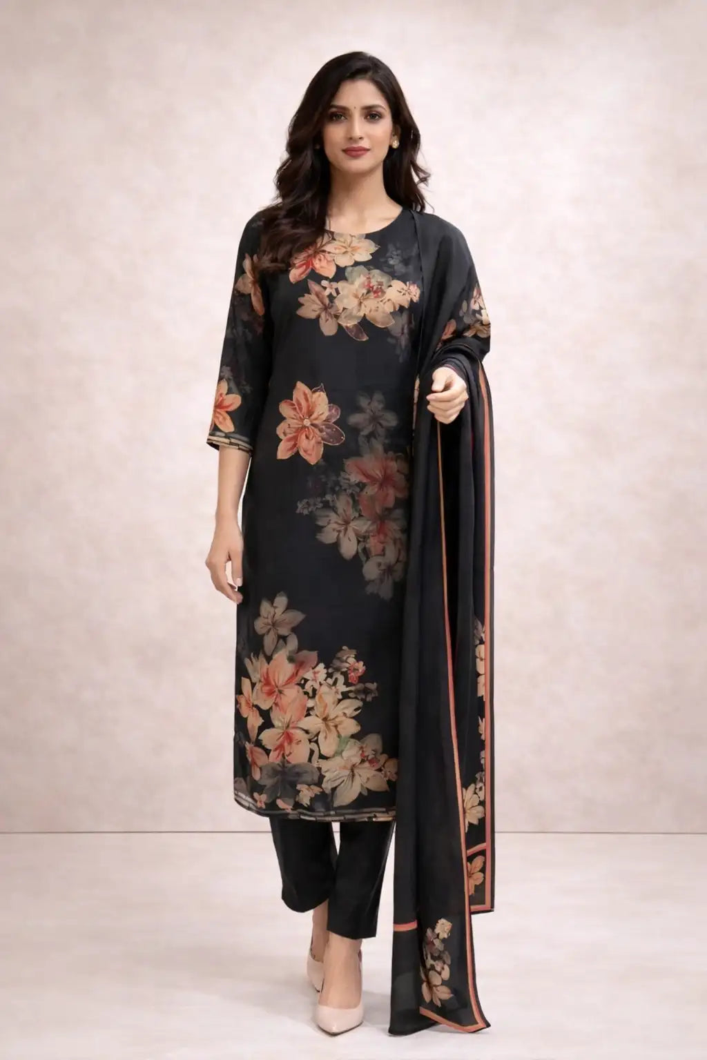 Black Floral Printed Kurta Set with Dupatta